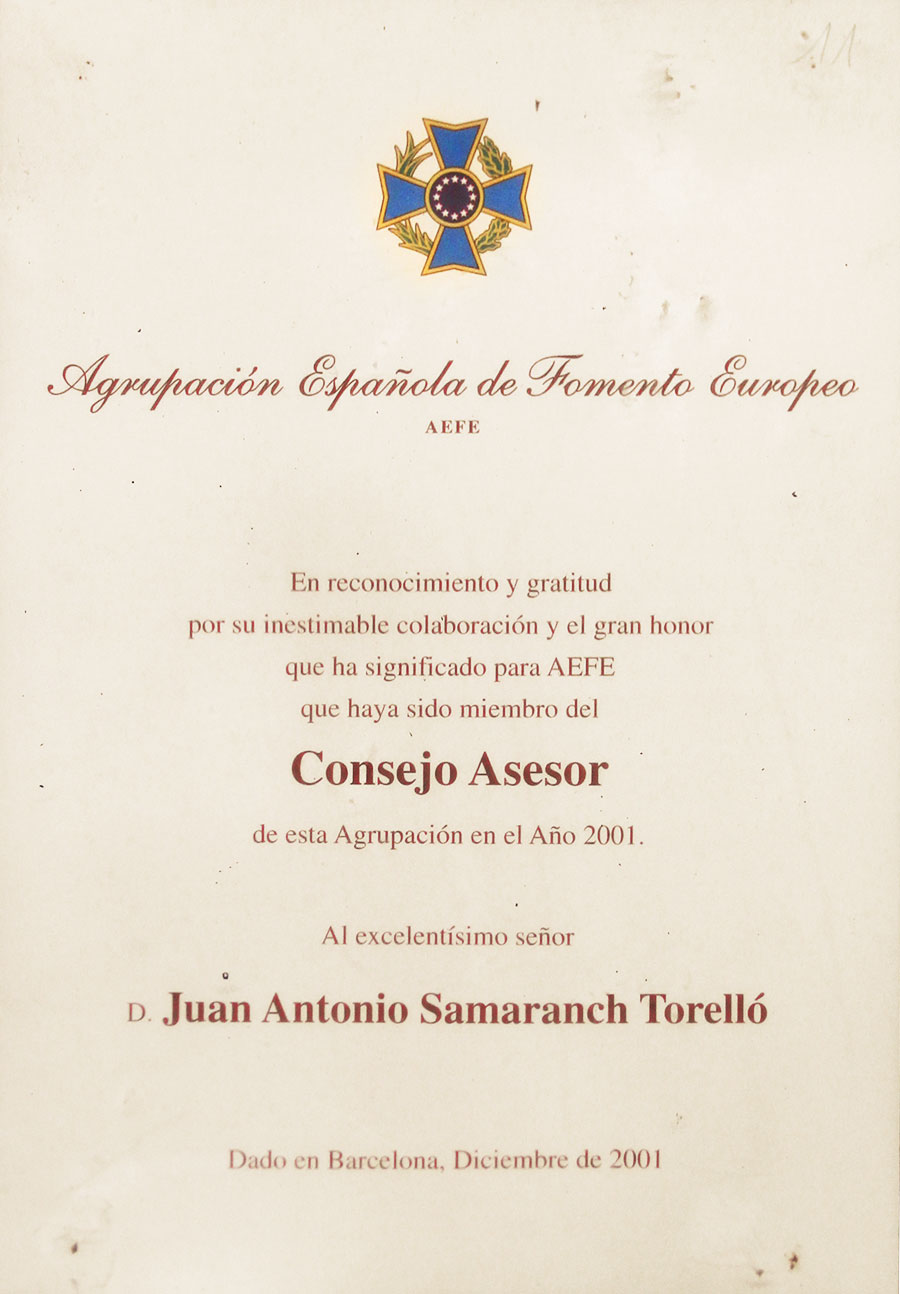 2001年欧洲促进协会（AEFE）颁发给萨马兰奇的荣誉证书