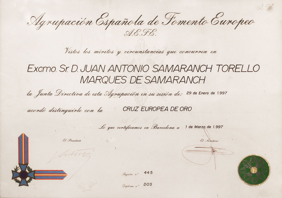 1997年欧洲促进协会（AEFE）颁发给萨马兰奇的荣誉证书