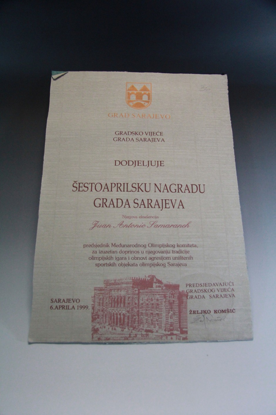 1999年萨拉热窝城市市议会授予萨马兰奇的萨拉热窝城市奖